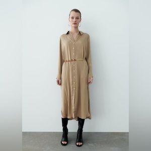 NWT Zara BELTED OVERSIZED DRESS in Stone, Size S